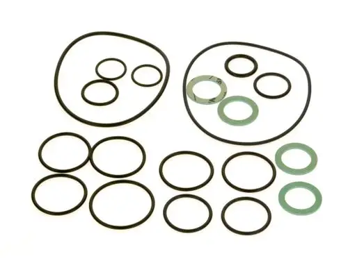 Dichtungsset mit verschiedenen O-Ringen und Dichtungen von Bosch, angeordnet auf hellem Hintergrund.